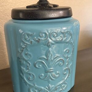 Blue Ceramic Kitchen Canister with Metal Lid – Farmhouse Decor